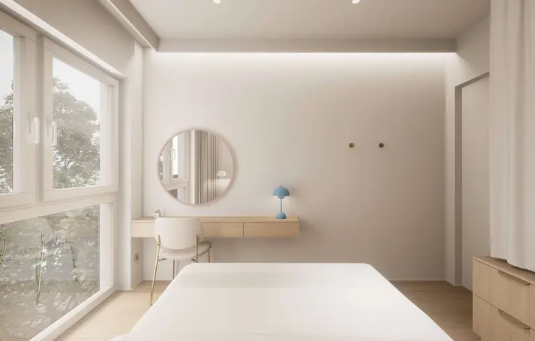 Wnętrze sypialni w stylu japandi, minimalistycznym, nowoczesnym i quiet luxury z jasnymi meblami.