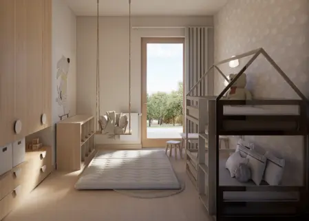 Pokój dziecięcy w stylu minimalistycznym z meblami z drewna, huśtawką, i przytulnymi dodatkami.