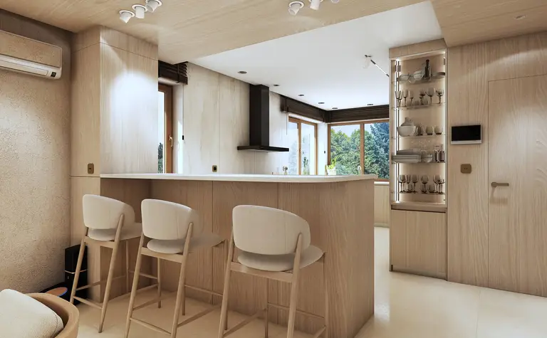 Wnętrze kuchni w stylu japandi z jasnym drewnem i nowoczesnymi detalami.
