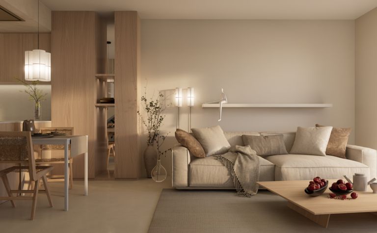 Wnętrze salonu w stylu japandi, minimalistycznym i soft minimalizm z jasnymi meblami.