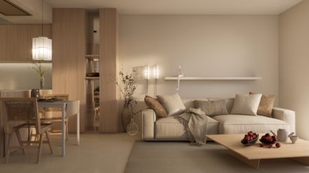 Wnętrze salonu w stylu japandi, minimalistycznym i soft minimalizm z jasnymi meblami.