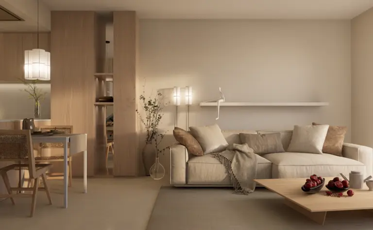 Wnętrze salonu w stylu japandi, minimalistycznym i soft minimalizm z jasnymi meblami.