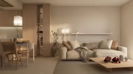 Wnętrze salonu w stylu japandi, minimalistycznym i soft minimalizm z jasnymi meblami.