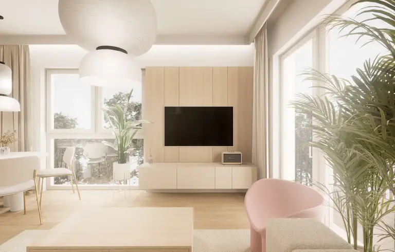 Wnętrze salonu w stylu japandi z minimalistycznymi meblami i roślinami.