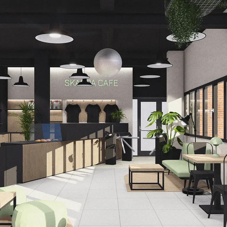Wnętrze kawiarni w stylu industrialnym i minimalistycznym z zielonymi roślinami.