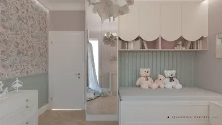 Pokój dziecięcy z meblami w stylu boho i japandi, jasnymi kolorami i zabawkami.