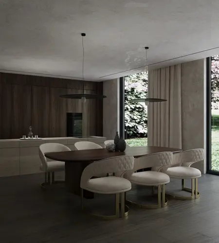Wnętrze jadalni z drewnianym stołem i jasnymi krzesłami w stylu minimalistycznym.