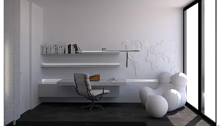 Wnętrze gabinetu w stylu minimalistycznym z nowoczesnym biurkiem i designerskim fotelem.