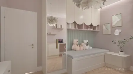 Wnętrze pokoju dziecięcego z boho i minimalistycznymi akcentami, jasne meble i pluszowe misie.