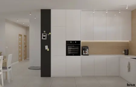 Kuchnia w stylu japandi, minimalistycznym i nowoczesnym z białymi meblami.