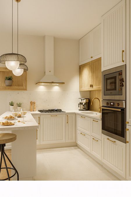 Kuchnia w stylu japandi, minimaluxe, quiet luxury z białymi meblami i drewnianymi akcentami.