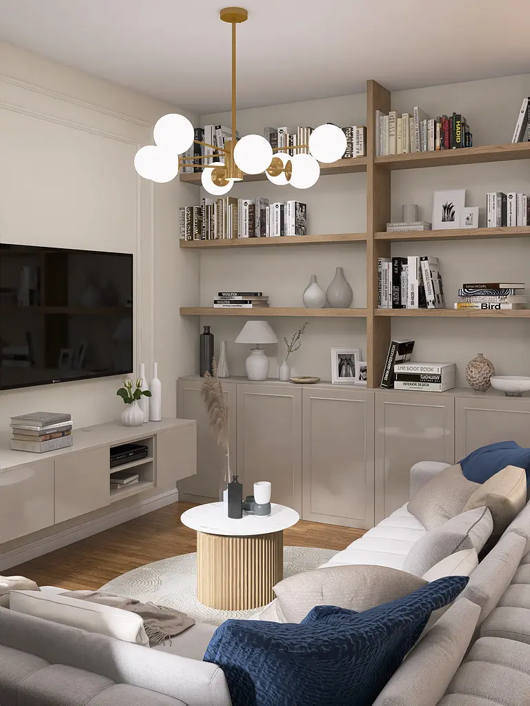 Nowoczesny salon z szarymi meblami i stylową lampą, dekoracje na półkach.