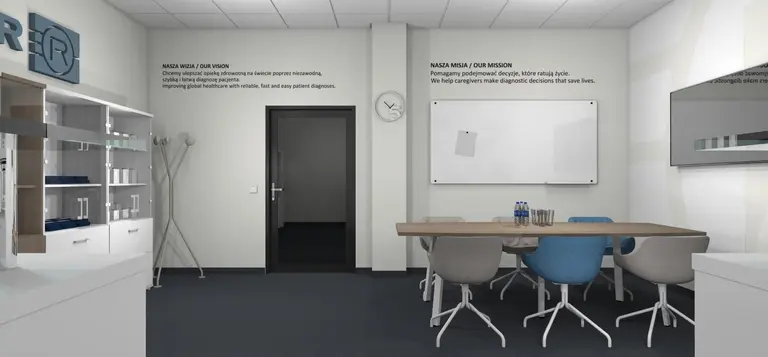 Wnętrze gabinetu z białym biurkiem i szarymi krzesłami w stylu minimalistycznym