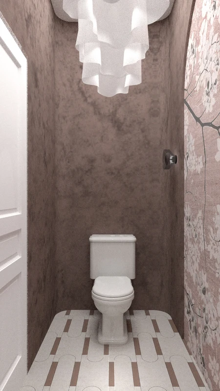 Toaleta z brązowymi ścianami, białą armaturą i podłogą w stylu art deco, minimaluxe i quiet luxury.