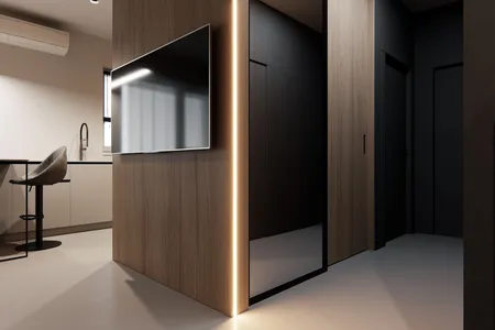 Eklektyczne wnętrze kuchni z minimalistycznym biurkiem i telewizorem.