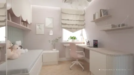 Pokój dziecięcy z różowym biurkiem, boho dodatkami i minimalizmem.