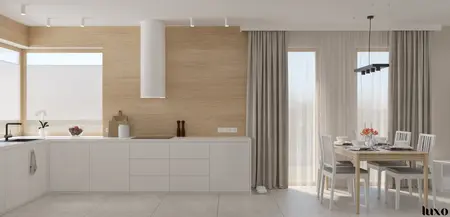 Kuchnia w stylu japandi, minimalistycznym, nowoczesnym z drewnianymi elementami.