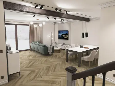 Wnętrze salonu w stylu eklektycznym z zieloną sofą i drewnianymi elementami.