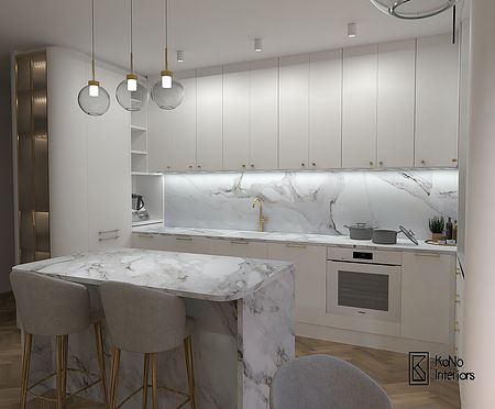 Nowoczesna kuchnia w stylu quiet luxury z białymi meblami i marmurowym blatem.