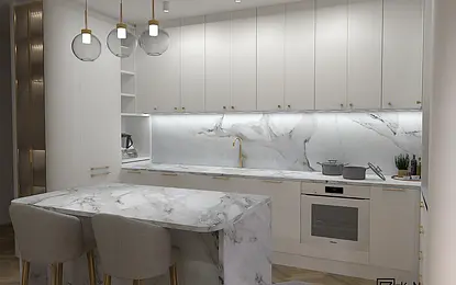 Nowoczesna kuchnia w stylu quiet luxury z białymi meblami i marmurowym blatem.