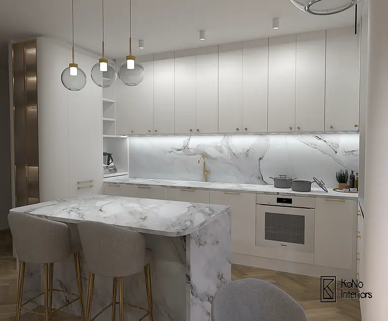 Nowoczesna kuchnia w stylu quiet luxury z białymi meblami i marmurowym blatem.