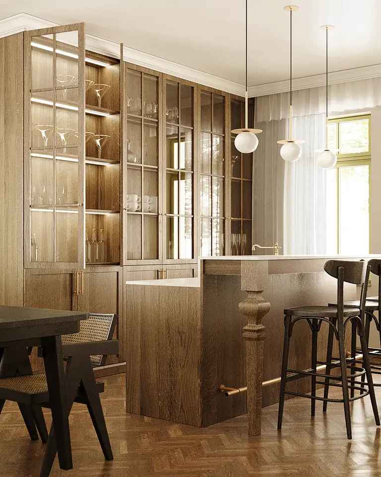 Kuchnia w stylu dopamine decor i vintage z drewnianymi meblami i nowoczesnymi akcentami.