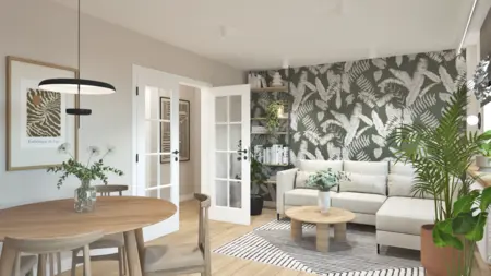 Wnętrze salonu w stylu boho i skandynawskim z roślinami.