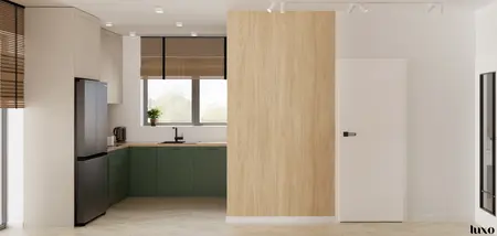 Nowoczesna kuchnia w stylu japandi z zielonymi meblami i drewnianymi detalami.