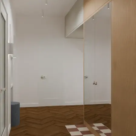 Przedpokój w stylu vintage z drewnianą podłogą i lustrem