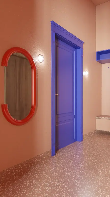 Przedpokój z niebieskimi drzwiami, czerwonym lustrem i różową ścianą w stylu dopamine decor.