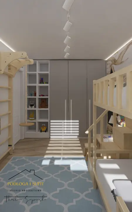 Pokój dziecięcy z łóżkiem piętrowym, szafą i zabawkami, minimalistyczny design.