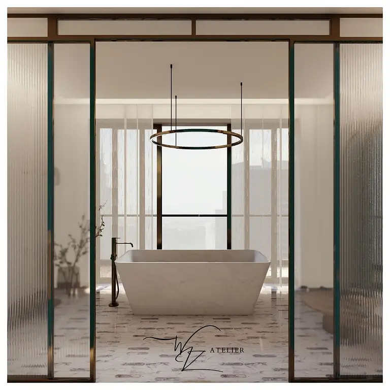 Wnętrze łazienki z wanną, oknami i stylami glamour, nowoczesnym, quiet luxury.