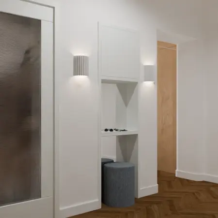 Przedpokój w stylu vintage z białymi ścianami, drewnianą podłogą i nowoczesnym oświetleniem.