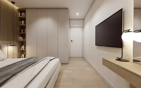 Wnętrze sypialni w stylu minimalistycznym i nowoczesnym z jasnymi meblami.