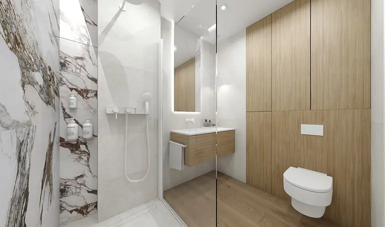 Nowoczesna łazienka z minimalistycznym designem, drewnianymi elementami i eleganckimi płytkami.