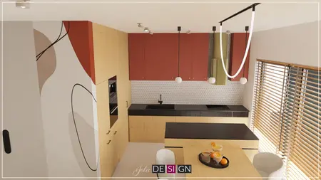 Kuchnia w stylu boho z nowoczesnymi akcentami i eklektycznymi detalami.