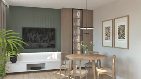 Wnętrze jadalni z drewnianym stołem, zieloną ścianą i roślinami w stylach boho, japandi, minimalistycznym.