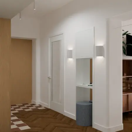 Przedpokój w stylu vintage z brązową podłogą, białymi ścianami i nowoczesnymi lampami.