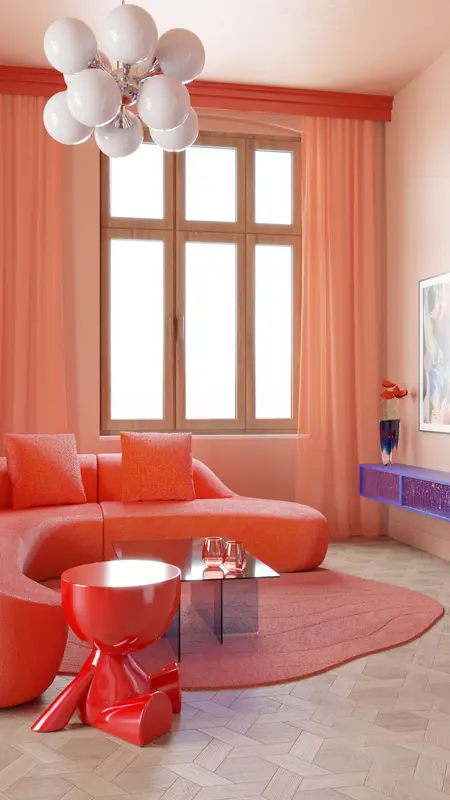 Wnętrze salonu w stylu dopamine decor z pomarańczową sofą i czerwonym stolikiem.