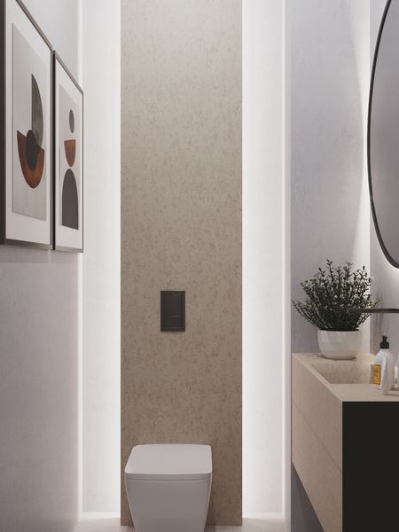 Minimalistyczna toaleta z podświetleniem, nowoczesnymi detalami i rośliną.