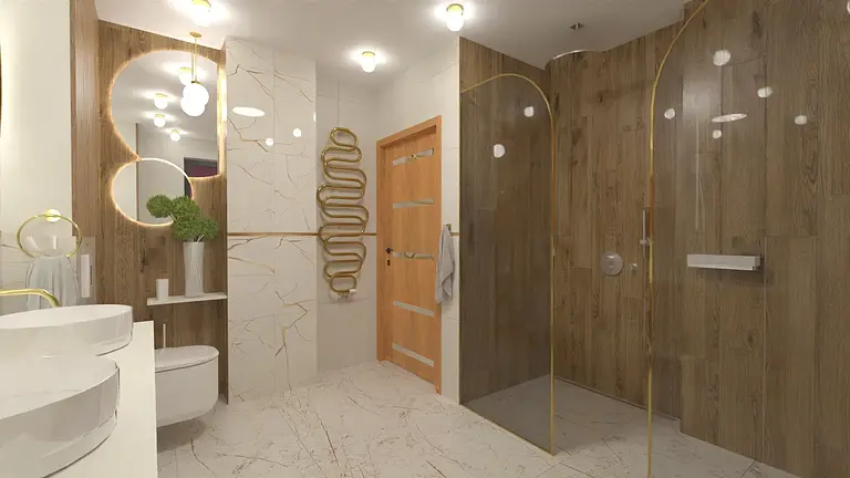 Nowoczesna łazienka z drewnianymi i złotymi detalami, styl glamour, quiet luxury, współczesny.