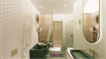 Nowoczesna łazienka z zieloną wanną, styl boho i eklektyczny.