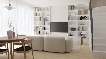 Wnętrze salonu z białą kanapą, drewnianym stołem i regałem art deco, minimalistycznym oraz tradycyjnym.