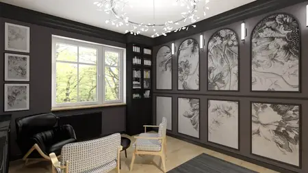 Gabinet w stylu art deco z minimalistycznymi meblami i eklektycznymi akcentami.