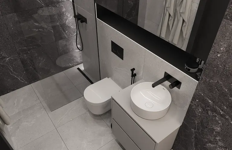Nowoczesna łazienka z minimalistycznym designem, biała umywalka i szare płytki.