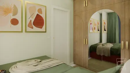 Wnętrze w stylu boho i eklektycznym z zielonymi i drewnianymi elementami.