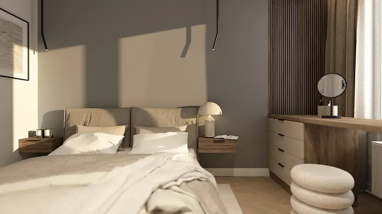 Wnętrze sypialni z beżowym łóżkiem, drewnianymi meblami i minimalistycznymi detalami.