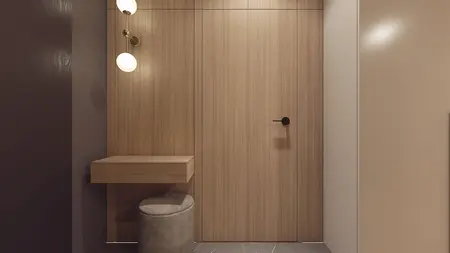 Nowoczesny przedpokój o minimalistycznym designie z drewnianymi detalami