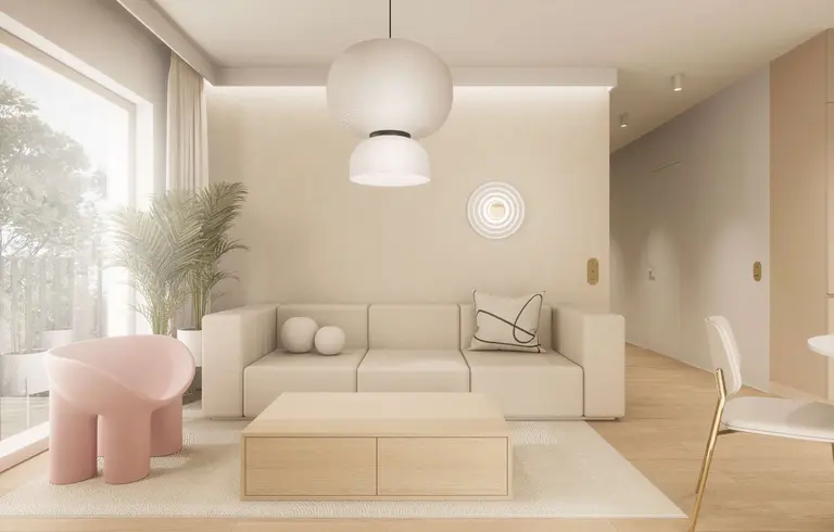 Wnętrze salonu w stylu japandi, minimalistycznym i nowoczesnym z roślinami.