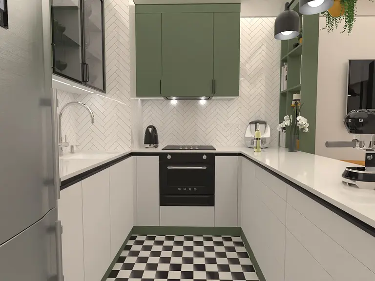 Kuchnia w stylu dopamine decor, soft minimalizm, tradycyjny z zielonymi szafkami.